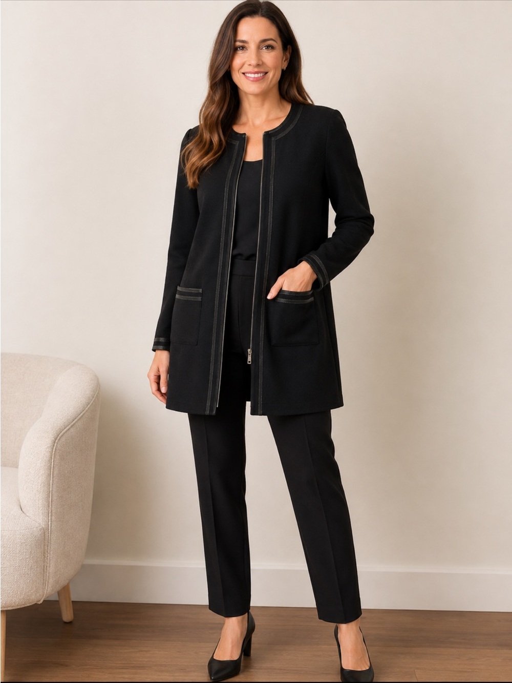 St. John Black Zip-Front Longline Jacket